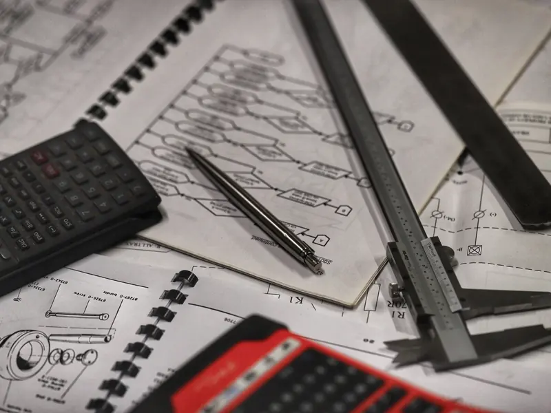 Technical manuals, flowcharts, calculators and vernier callipers spread across a desk